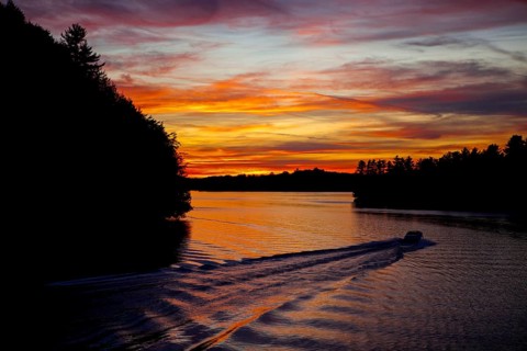 A boat creates ripples in a lake at sunset, with vibrant colors and silhouetted trees in Muskoka,