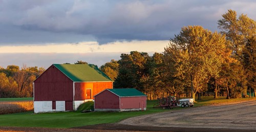 Red barn and trees glow in the golden sunset light in St. Thomas, Ontario, Canada, North America
