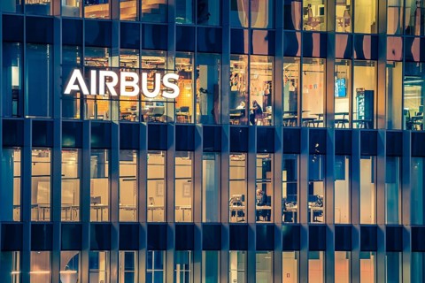 Jan 15, 2025 - Lisbon, Portugal: Night view of the Airbus office building or headquaters with