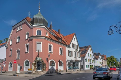 Blue sky, street with pointed gable houses and ZAPPA BAR in Kisslegg, Allgäu, Baden-Württemberg,