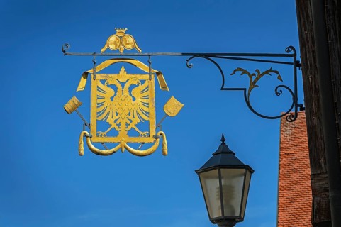 Nose shield with double eagle ind guild sign of the brewers and maltsters in Kisslegg, Allgäu,