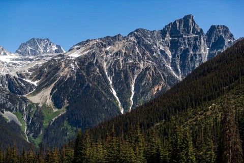 Mountain range with snow-covered peaks and vast forest under a clear sky as viewed along the Trans