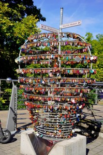 Large arrangement of colourful heart-shaped padlocks on a railing, Nuremberg, Middle Franconia,