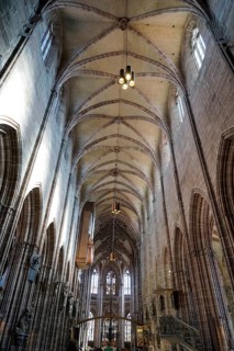 High Gothic church ceiling with vaults and elegant play of light, St. Lawrence Church, Nuremberg,
