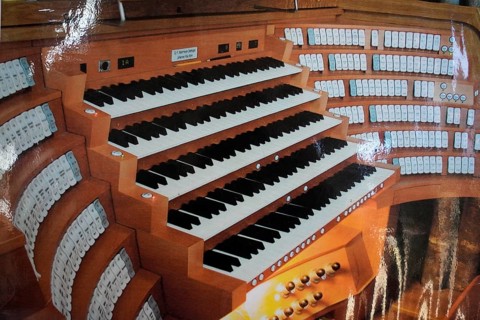 Close-up of a large organ console with numerous stops and manuals, St Lorenz Church, Nuremberg,