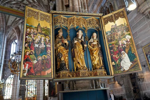 Magnificent altar with detailed figures and gilded decorations, Church of St Lawrence, Nuremberg,
