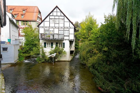 The picturesque fishermen's quarter in Ulm with its beautiful half-timbered houses on the Blau,