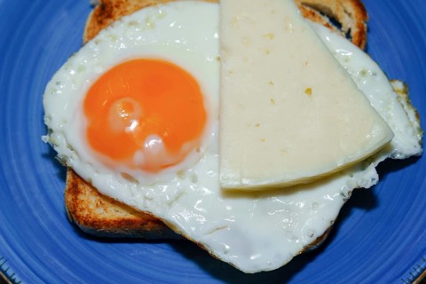 Enjoying a simple yet satisfying breakfast with fried egg and cheese on toasted bread, served on a