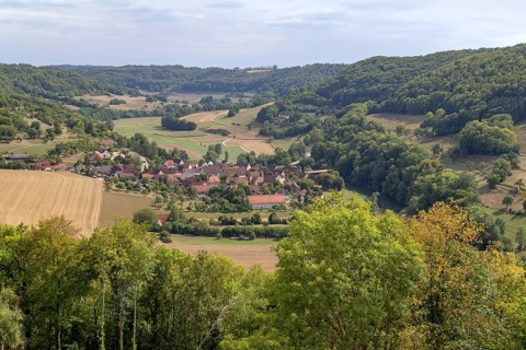 Aerial view showing a village named Baechlingen near Langenburg in Hohenlohe, a area in Southern