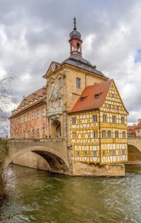 Idyllic riverside scenery in Bamberg, a town in Upper Franconia, Germany