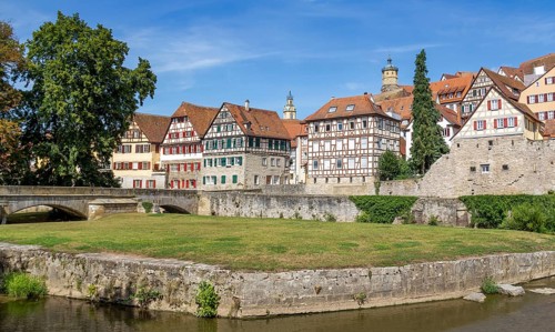 City view of a town named Schwaebisch Hall in Southern Germany at summer time