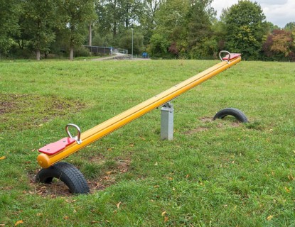Outdoor playground scenery with Seesaw, lawn and trees