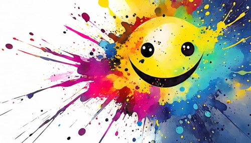 Ideographic theme showing a smiley face in multicolored vibrant splashy ambiance. AI generated