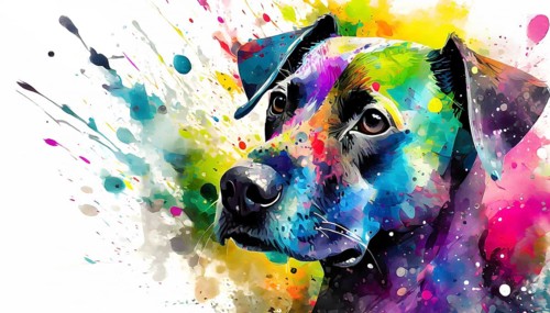 Pet theme showing the portrait of a dog in multicolored vibrant splashy ambiance. AI generated