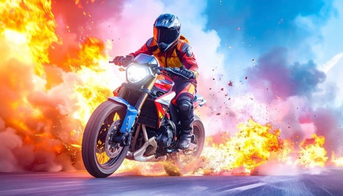 Ai generated image showing a driving motorcyclist on the road surrounded by fire and smoke