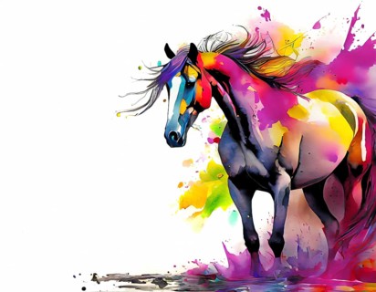 Animal and riding theme showing a horse in multicolored vibrant splashy ambiance. AI generated