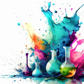 Science theme showing laboratory glassware in multicolored vibrant splashy ambiance. AI generated