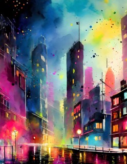 AI generated image showing the colorful illuminated impression of a big city at evening time,