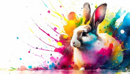 Pet and animal theme showing a rabbit in multicolored vibrant splashy ambiance. AI generated image
