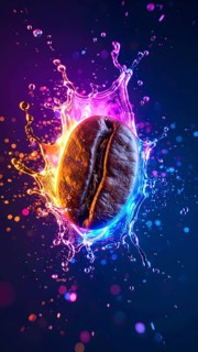 Coffee bean in flashy ambiance. AI illustration with light effects and liquid splashes, AI