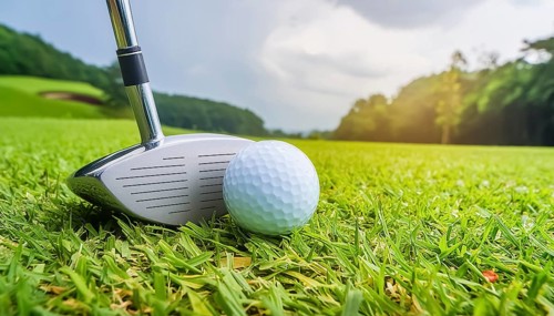 AI generated image showing a golf ball and golf club closeup on a course in sunny ambiance