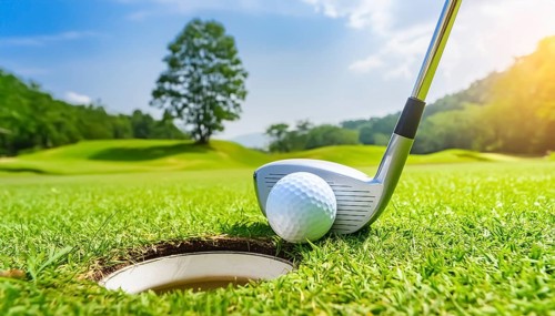 AI generated image showing a golf ball and golf club near hole closeup on a course in sunny