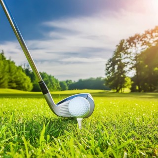 AI generated image showing a golf ball and golf club closeup on a course in sunny ambiance
