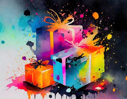 AI generated image showing some colorful presents, watercolor style with splashes and spots