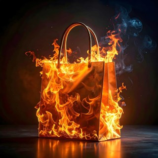 AI generated image showing a flaming shopping bag in dark ambiance