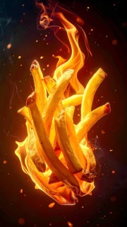 AI generated image showing flaming french fries in dark ambiance