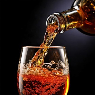 AI-generated close-up image showing a bottle from which a clear drink is poured into a glass, AI