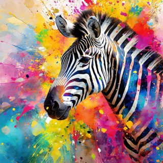 Wildlife and animal theme showing a zebra portrait in multicolored vibrant splashy ambiance. AI