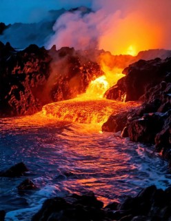 AI generated image showing flowing and glowing lava in rocky coastal dark ambiance