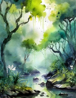 AI generated image showing a dense jungle scenery including a small river, watercolor style with