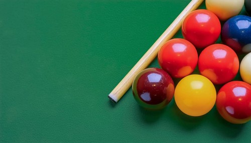 AI generated image showing a billiards table closeup with balls and cue