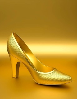 AI generated image showing a golden high-heeled shoe in golden ambiance