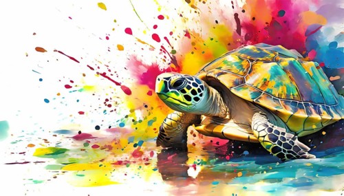 Animal and wildlife theme showing a sea turtle in multicolored vibrant splashy ambiance. AI