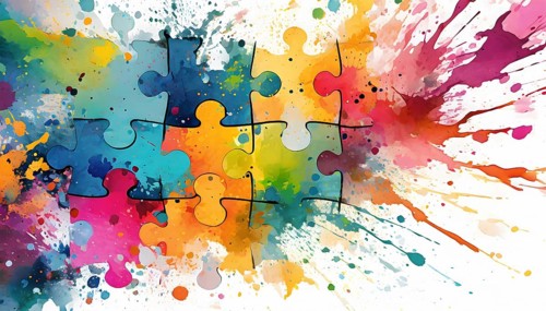Matching theme showing puzzle pieces in multicolored vibrant splashy ambiance. AI generated image