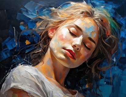 AI generated image showing the portrait of a painted young woman while dreaming with closed eyes
