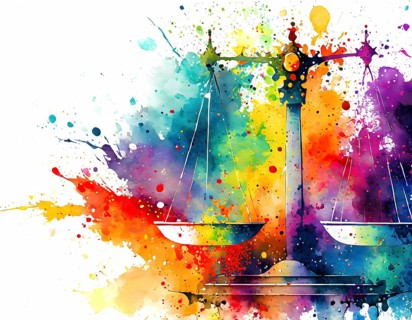 Justice and equity theme showing a weighing scale in multicolored vibrant splashy ambiance. AI