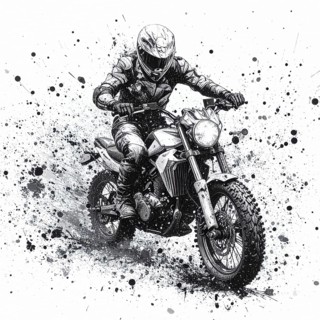 AI generated sketch of a motorcyclist in racing ambiance, with splashes, splatter and spots