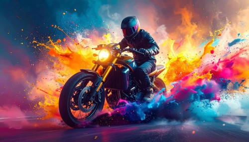 Ai generated image showing a driving motorcyclist on the road. AI illustration with light effects