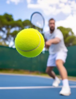 AI generated image showing a flying tennis ball closeup and player in court ambiance