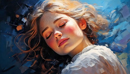AI generated image showing the portrait of a painted young woman while dreaming with closed eyes