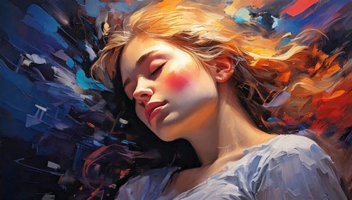 AI generated image showing the portrait of a painted young woman while dreaming with closed eyes