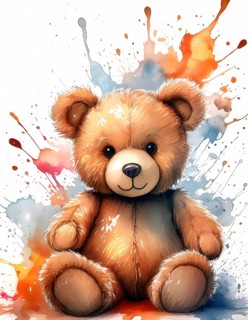 Toy and childhood theme showing a cute brown Teddy bear sitting in multicolored vibrant splashy