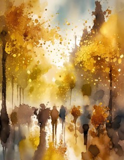 AI generated urban theme showing a street autumn scenery with lots of people in multicolored