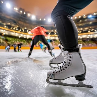 AI generated image showing legs with ice skates in an ice pavilion ambiance