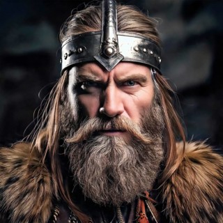 AI generated image showing the portrait of a viking in dark ambiance