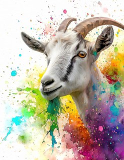 Animal and farming theme showing a goat portrait in multicolored vibrant splashy ambiance. AI